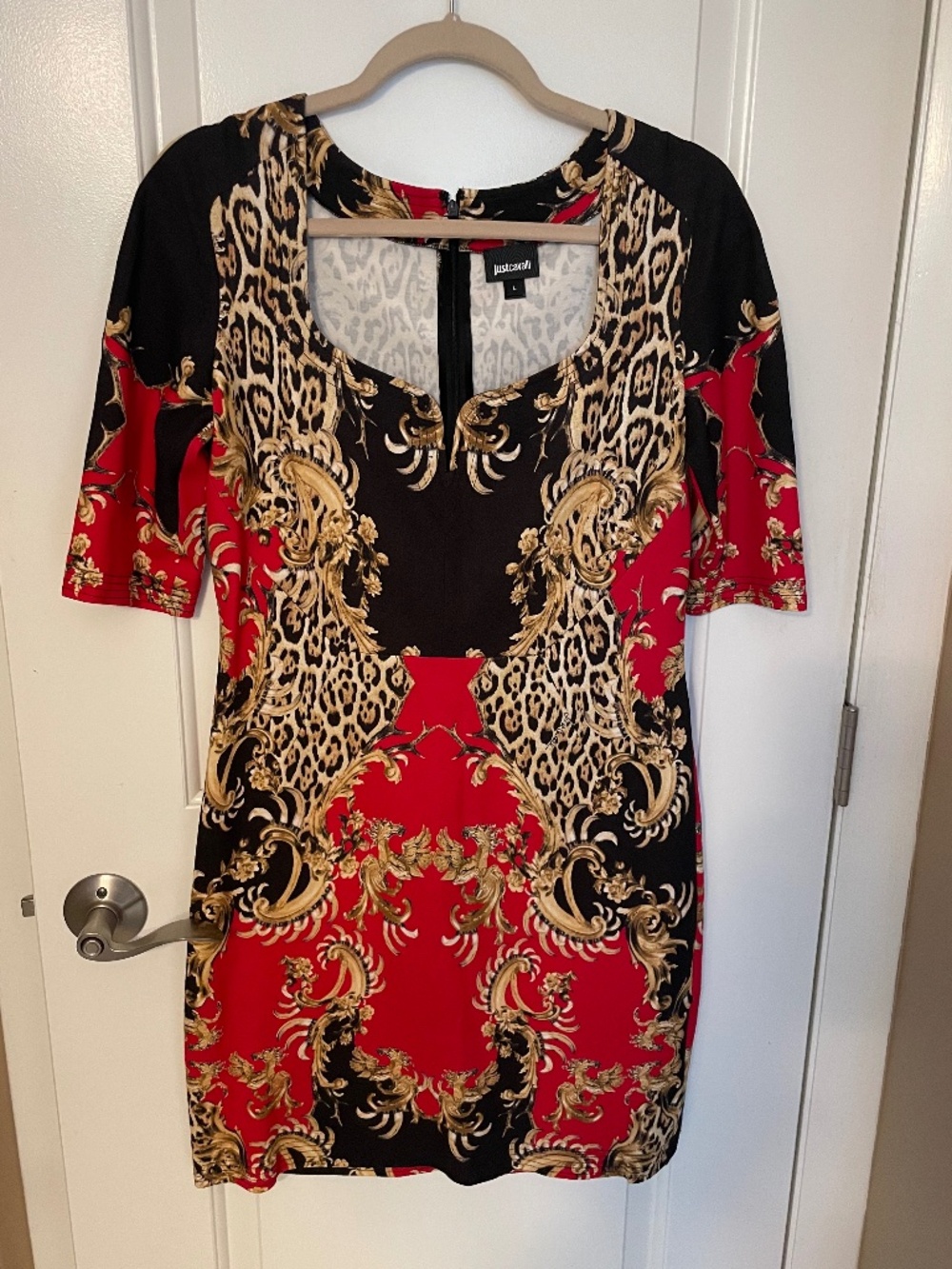 $600 Just Cavalli Red Baroque Leopard Print Sheath Dress Sz Large Made In Italy